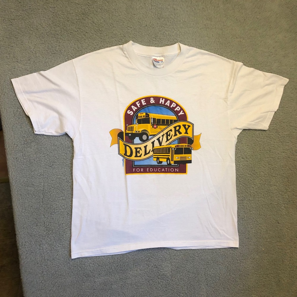 Vintage 1998 Hanes School Bus T-Shirt Mens Large White Safe Happy Delivery‎ 90s